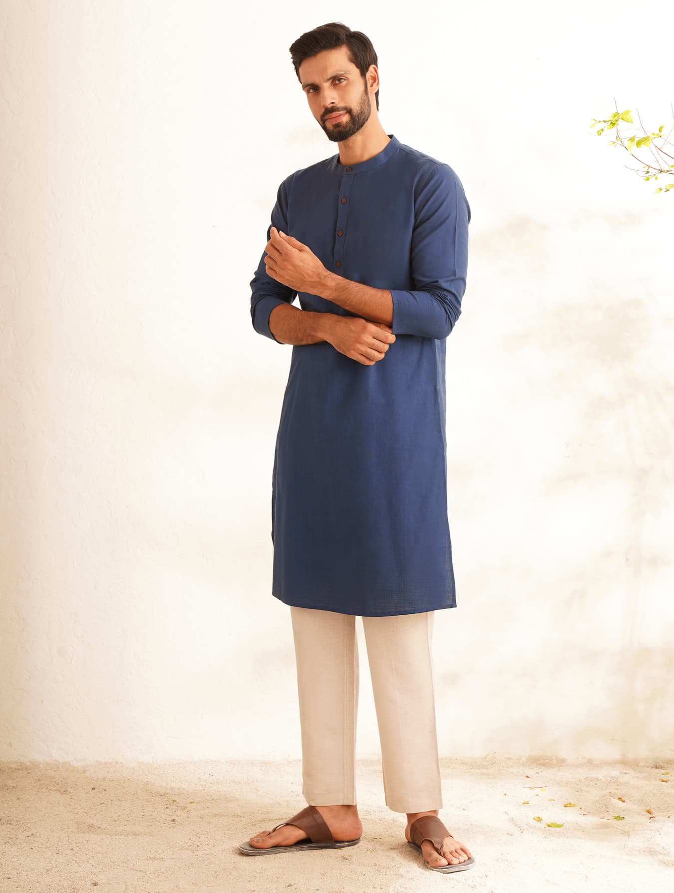 Men's Navy Cotton Mandarin Collar Straight Fit Kurta