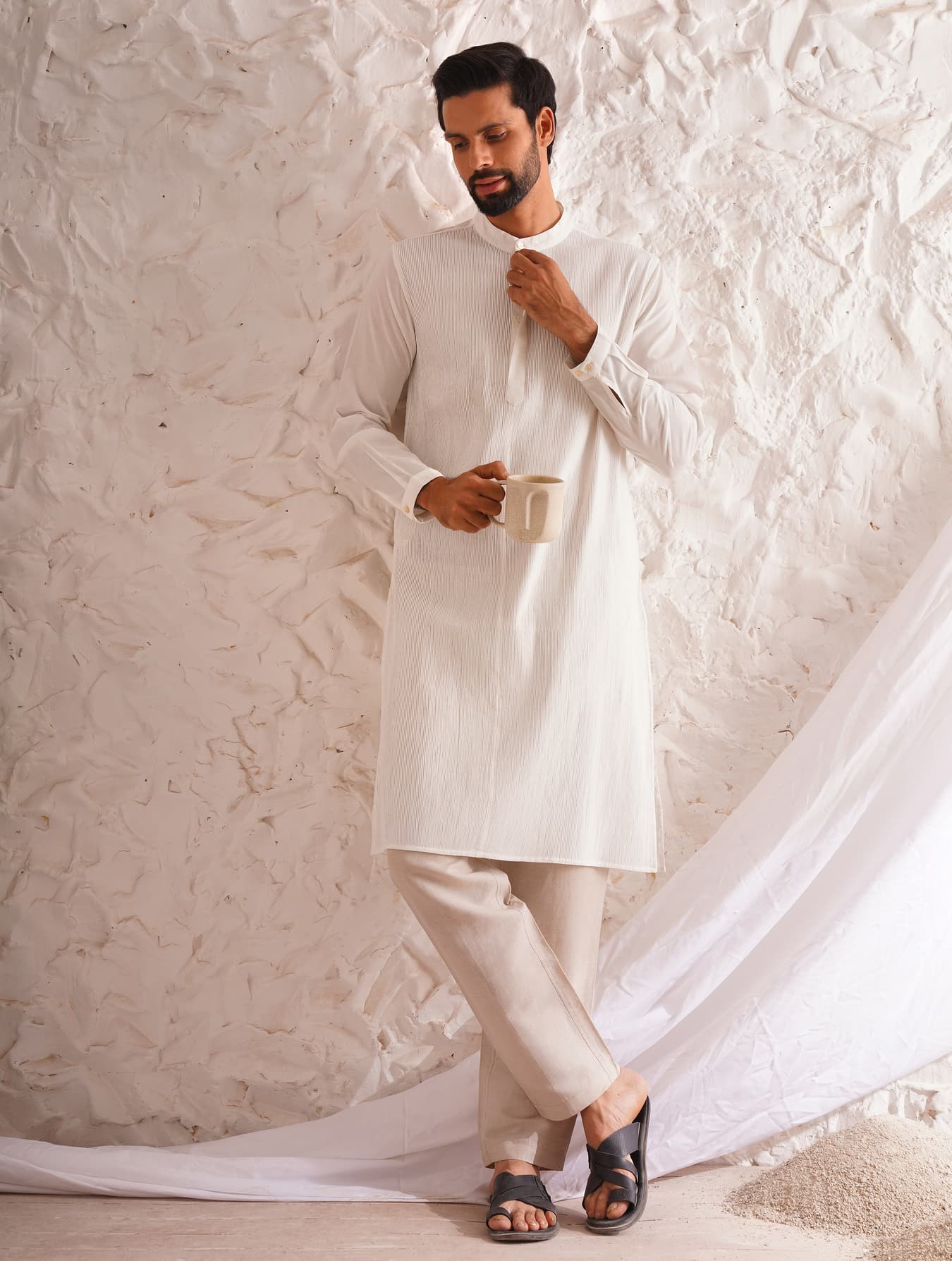 Men's White Cotton Mandarin Collar Regular Fit Kurta