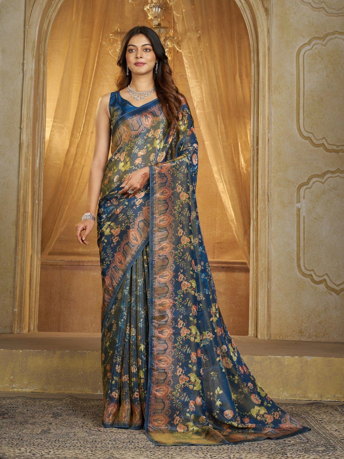 Women's Blue Festive Floral Saree