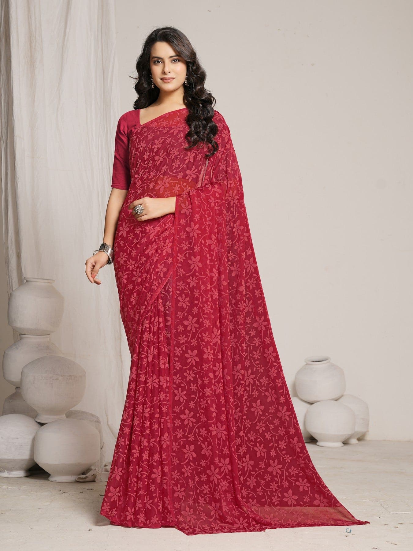 Women's Red Festive Floral Saree