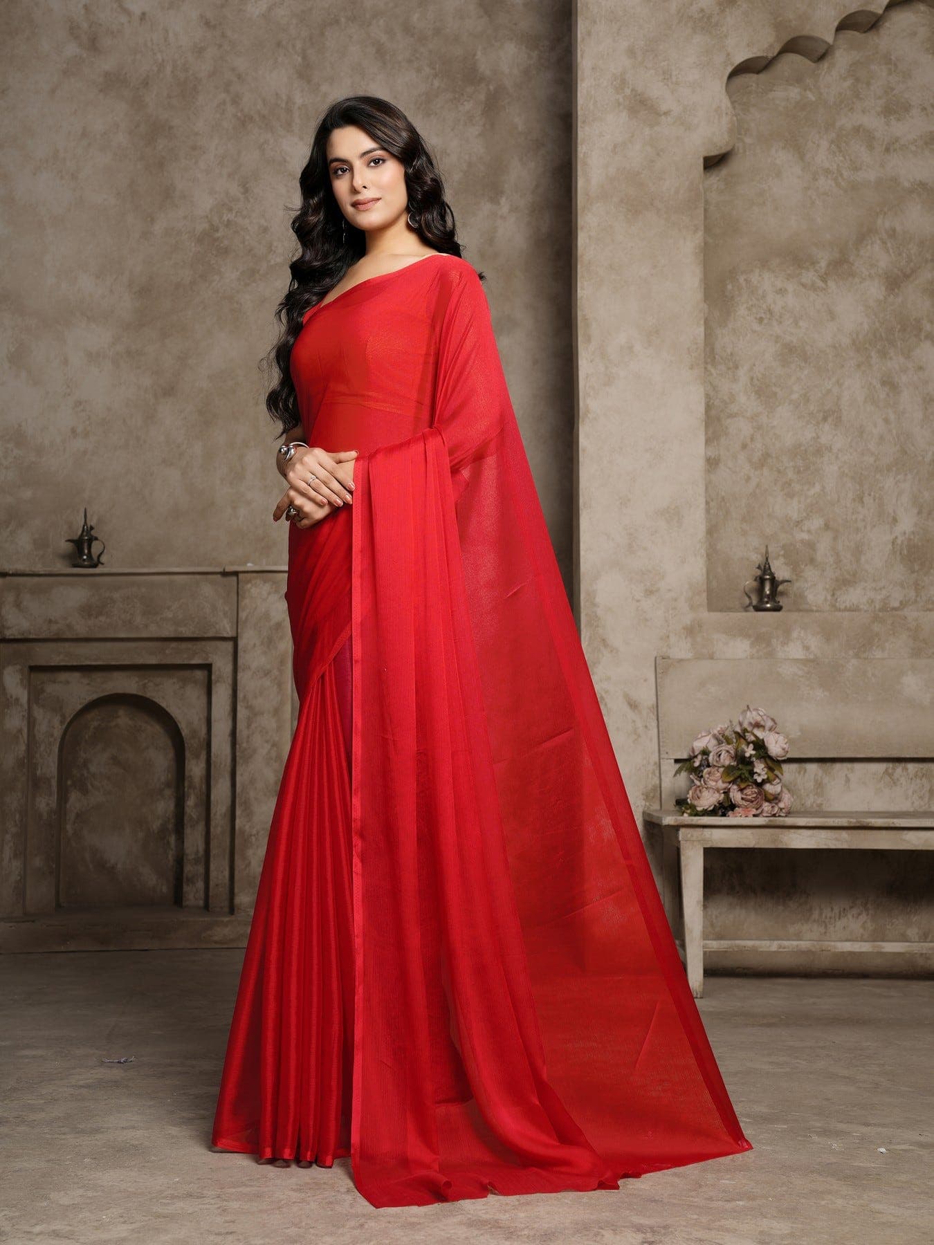 Women's Red Festive Printed Saree