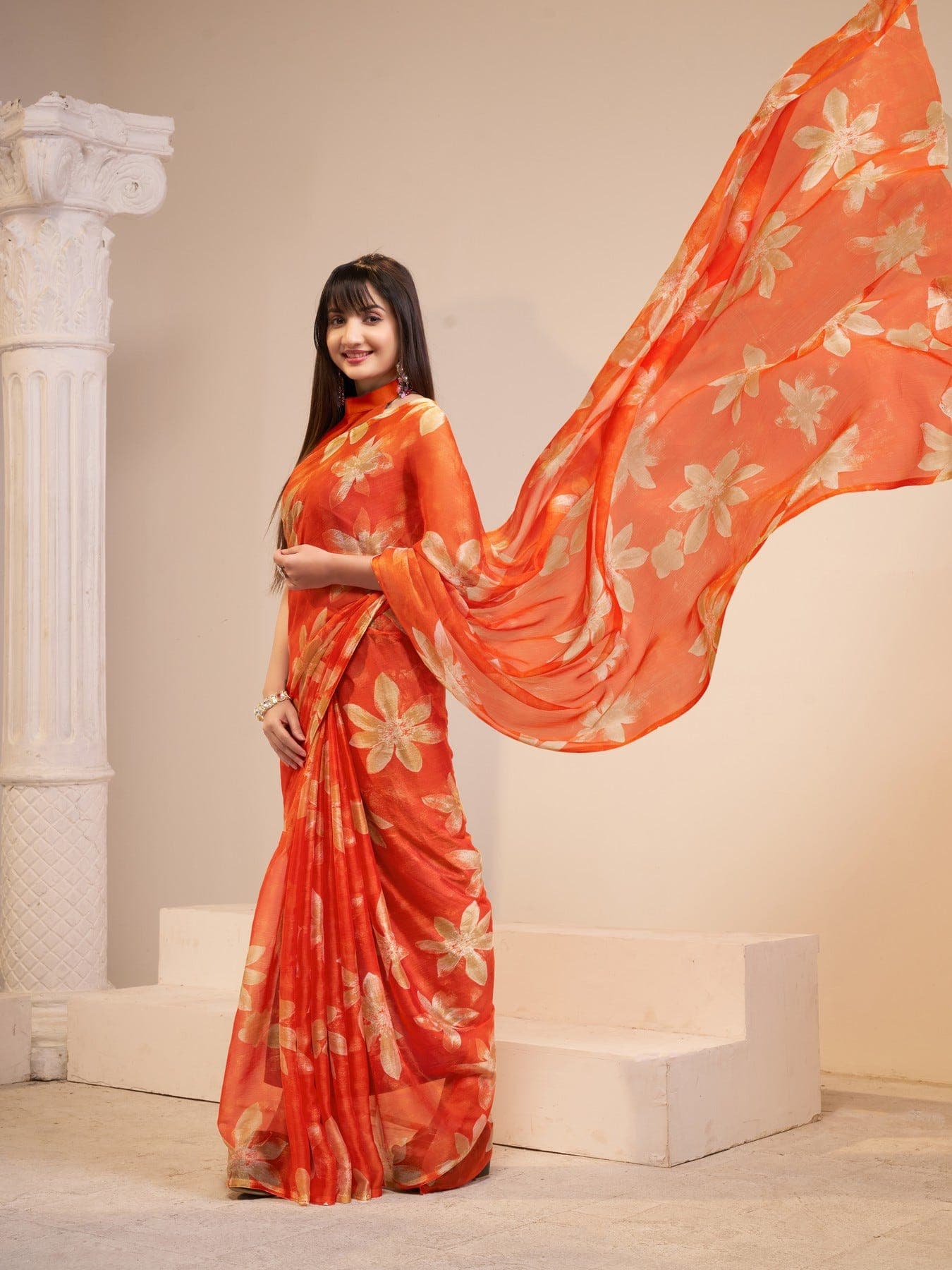 Women's Orange Festive Floral Saree