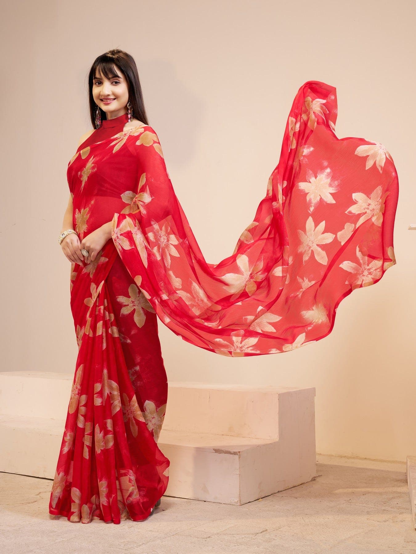 Women's Red Festive Floral Saree