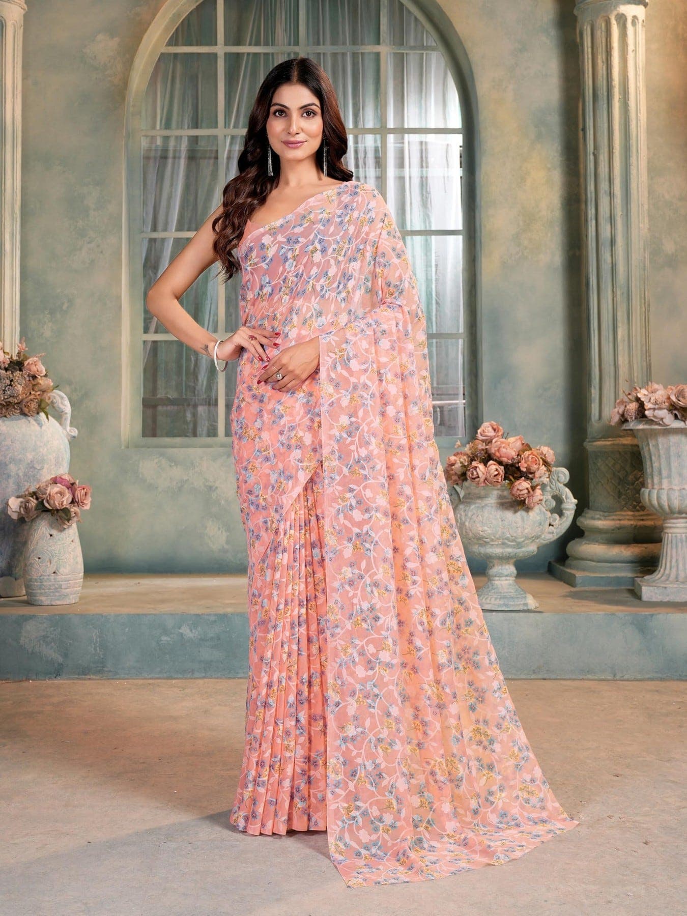 Women's Pink Festive Floral Saree