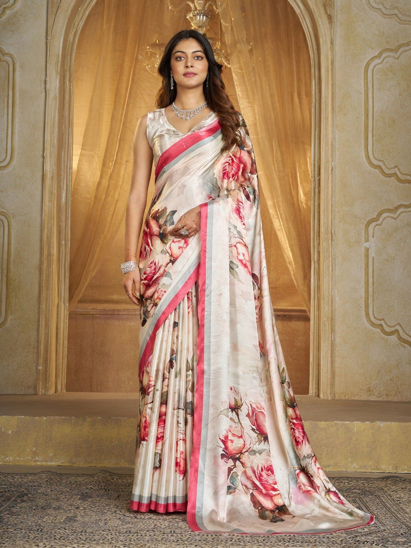 Women's Beige Festive Floral Saree