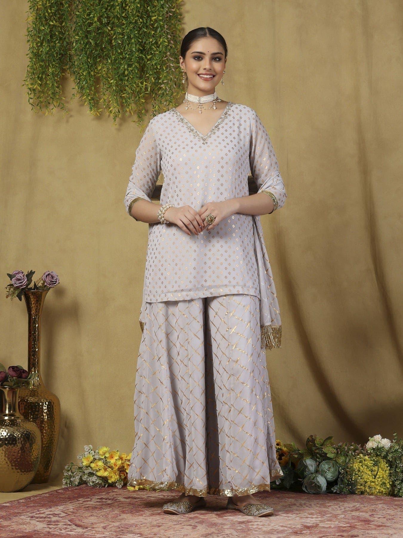 Women's Grey Party Three Quarter Sleeves Co-ords Set With Dupatta