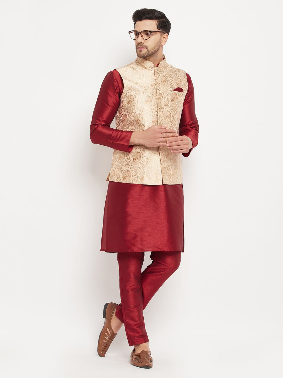 Men's Rose Gold and Maroon Silk Blend Jacket, Kurta and Pyjama Set
