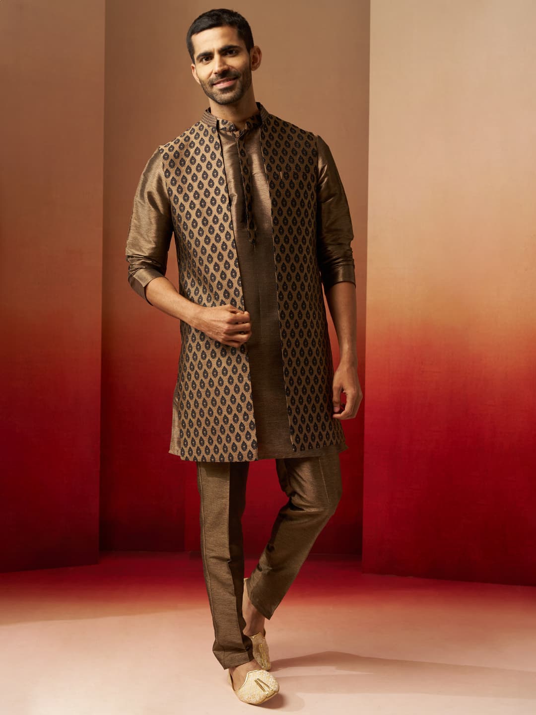 Men's Brown Silk 3-Piece Jacquard Set - Premium Ethnic Motif Luxury Ensemble