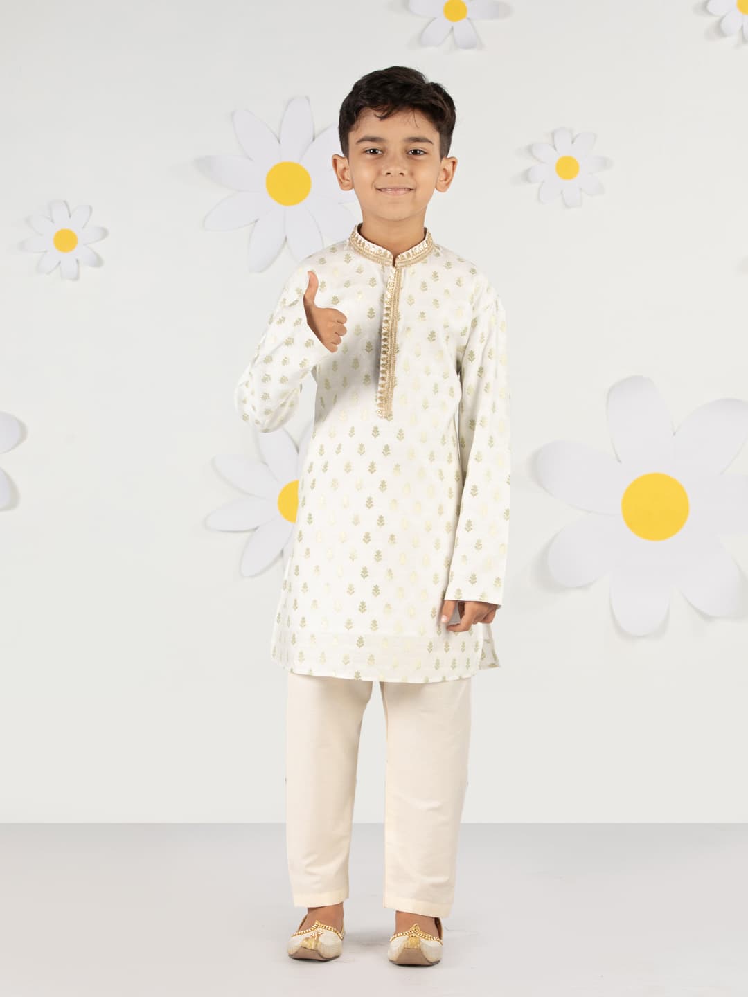 Boys Cream Festive Printed Embroidered Full Sleeves Silk Kurta and Pyjama Set