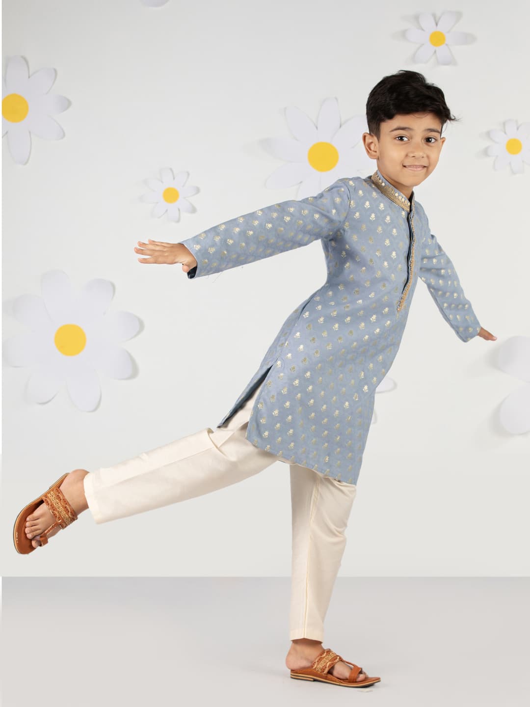 Boys Blue Festive Printed Embroidered Full Sleeves Silk Kurta and Pyjama Set