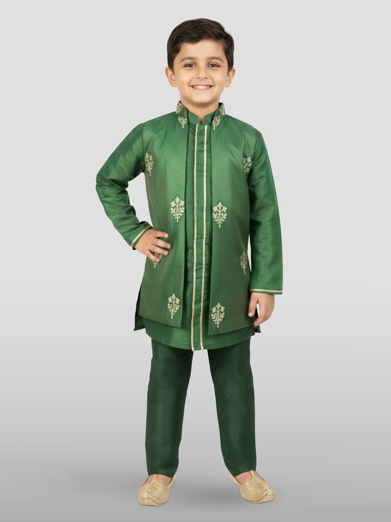 Boys Green Festive Printed Embroidered Full Sleeves Jacket, Kurta and Pyjama Set
