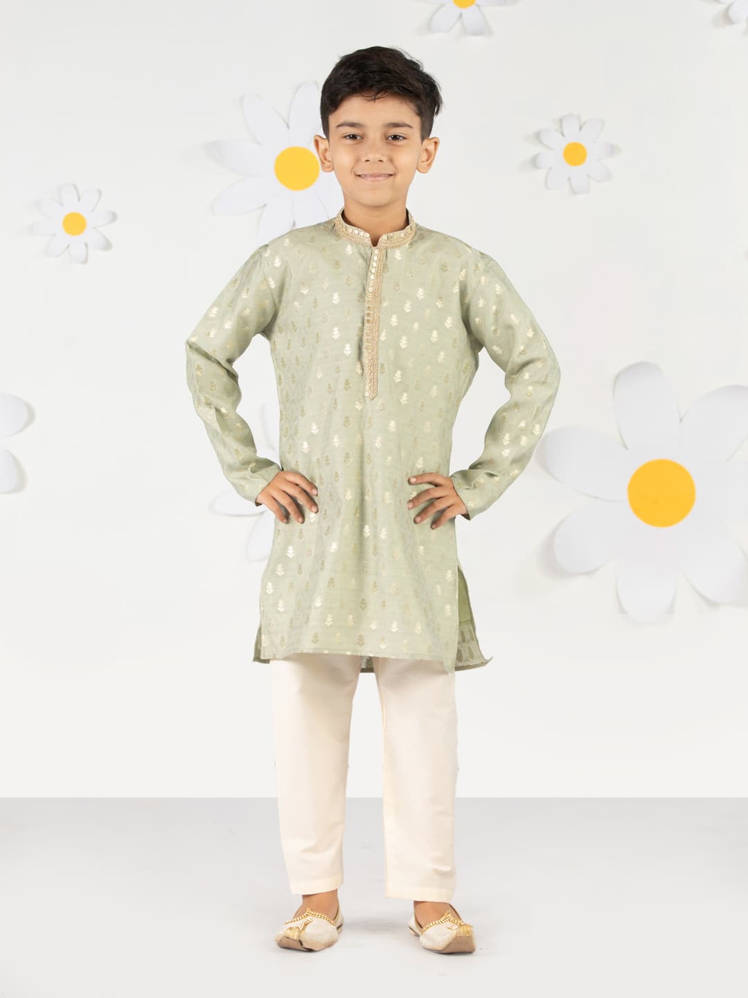 Boys Green Festive Printed Embroidered Full Sleeves Mint Silk Kurta and Pyjama Set