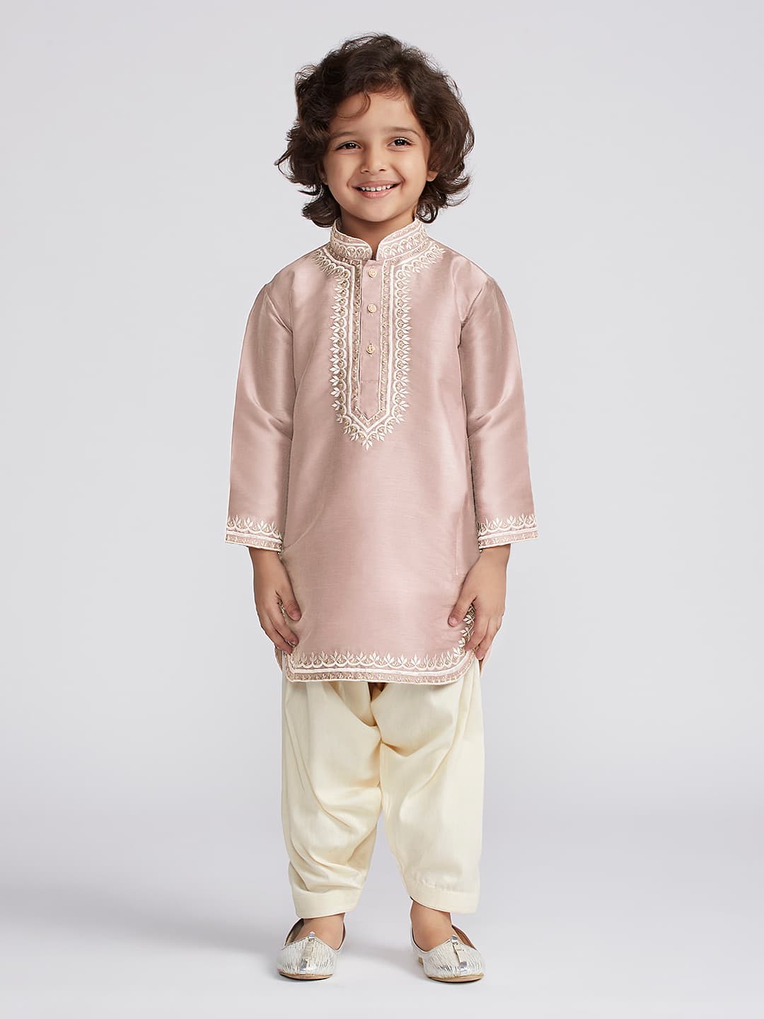 Boys Pink Festive Printed Embroidered Full Sleeves Kurta and Patiala Set