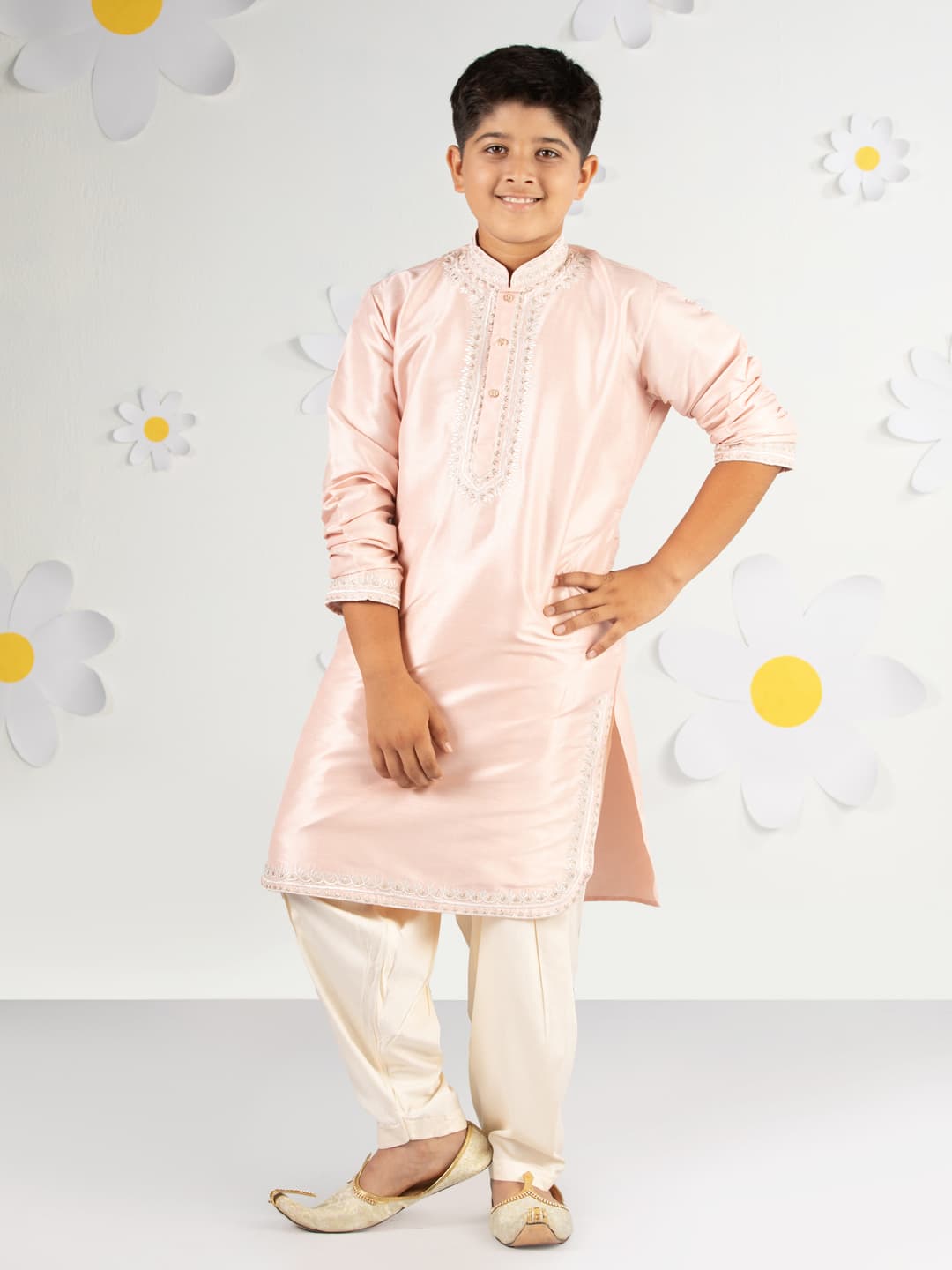Boys Pink Festive Printed Embroidered Full Sleeves Kurta and Patiala Set