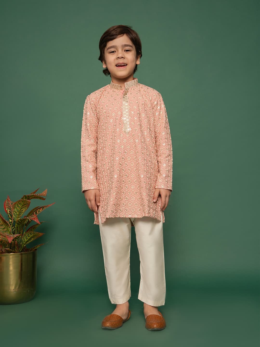 Boys Pink Festive Printed Embroidered Full Sleeves Kurta and Pyjama Set