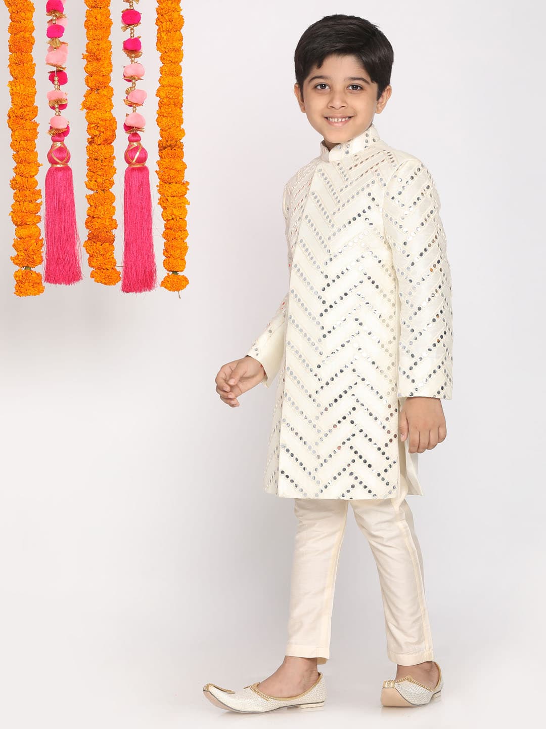 Boys Cream and White Indo-Western Sherwani with Pant Style Pyjama