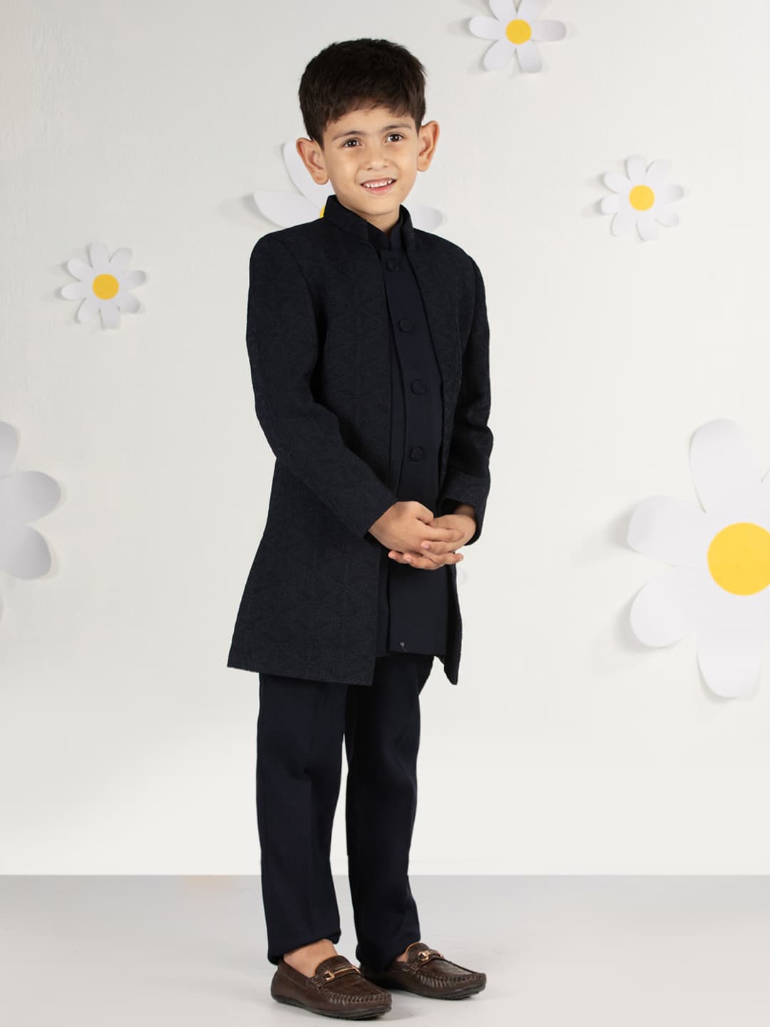 Boys Navy Blue Open Indo-Western Semi Indo and Pant Set