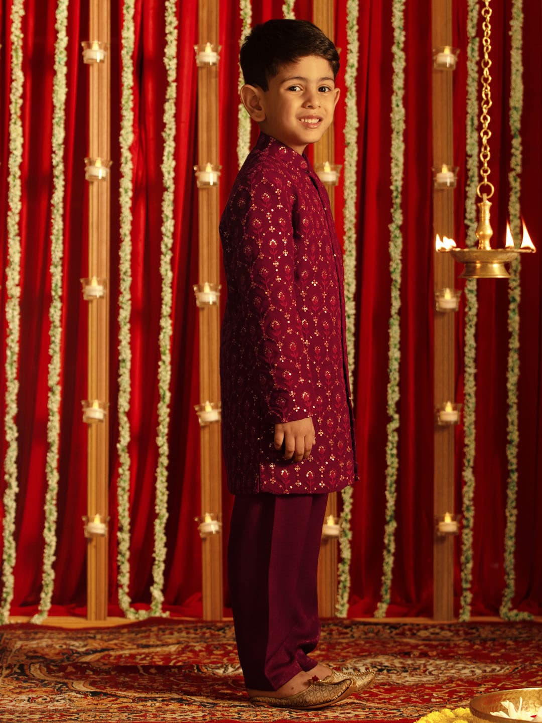 Boys Maroon Sherwani and Pyjama Set