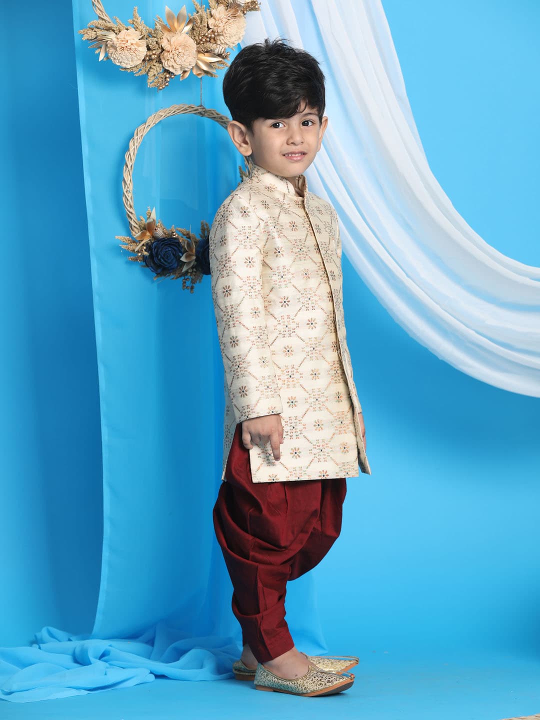 Boys Beige and Maroon Sherwani with Dhoti