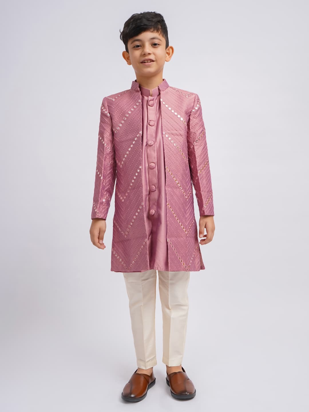 Boys Onion Pink and Cream Mirror Work Front Open Sherwani Set with Pant Style Pyjama