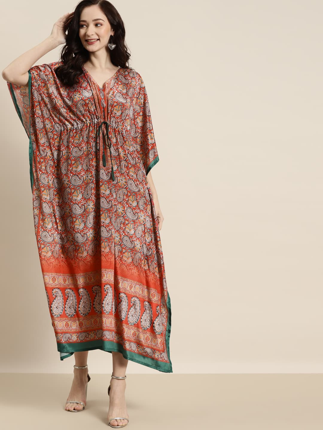 Women's Orange & Green Paisely Kaftan Dress