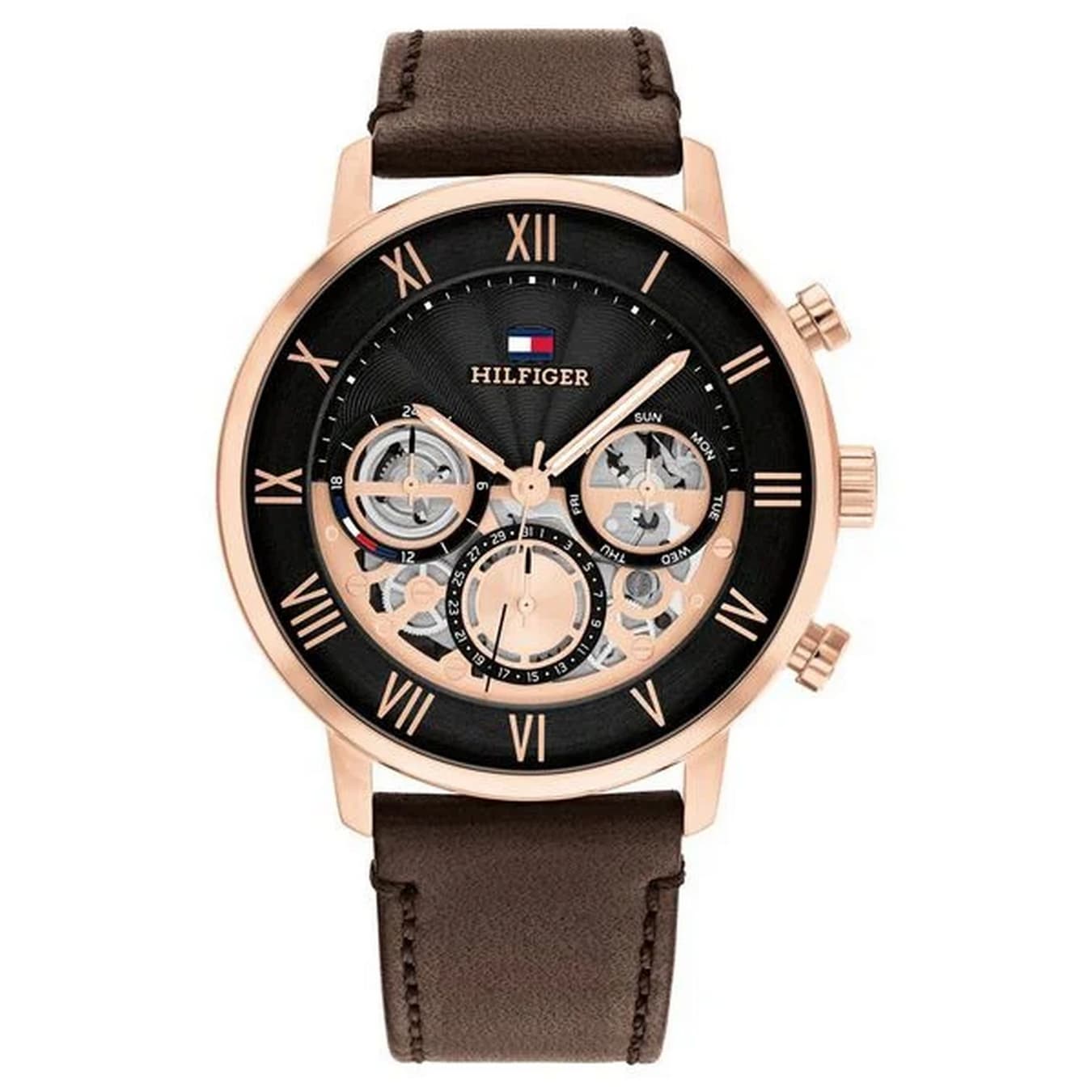 Men's Black Quartz Multifunction Dial Leather Strap Watch