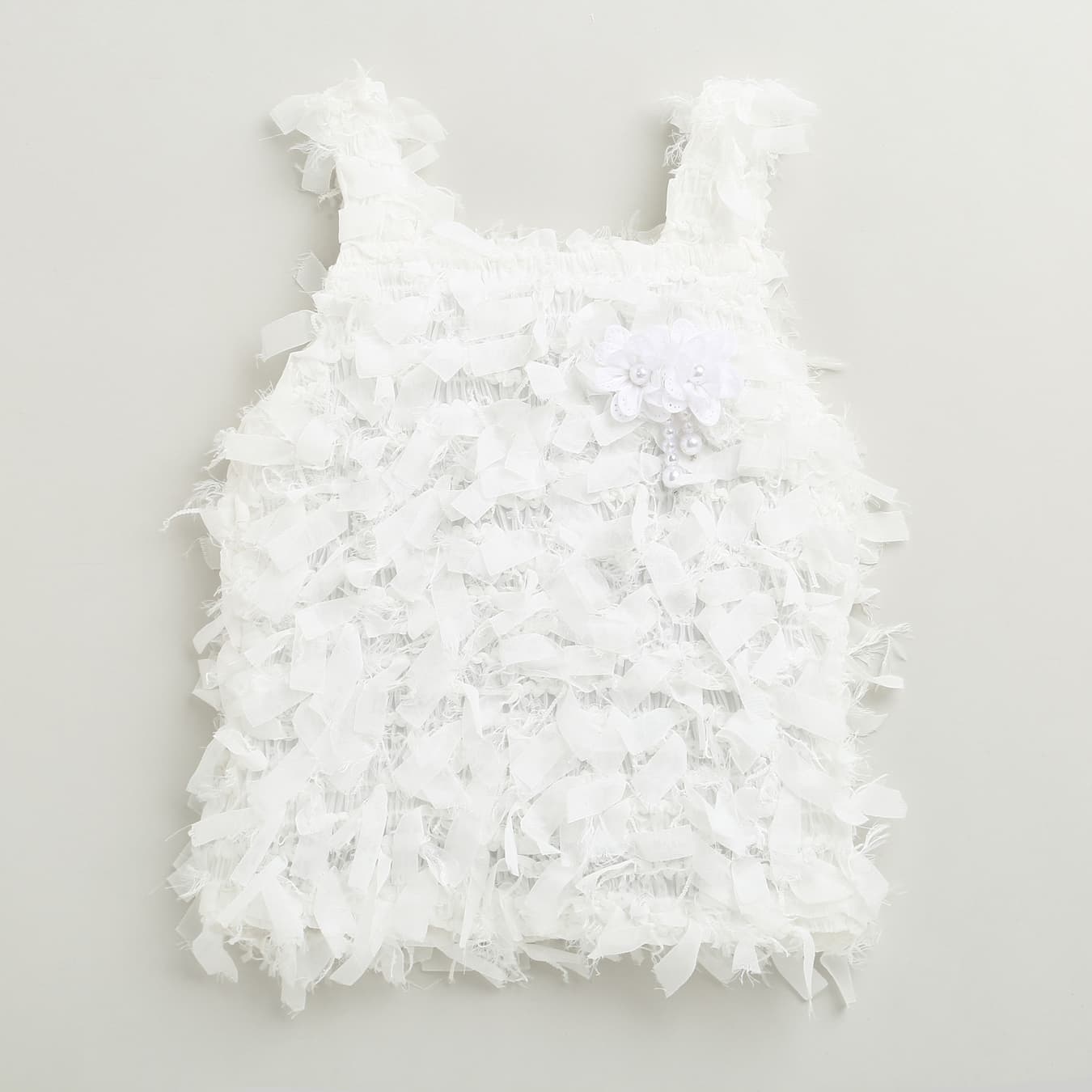 Girl White Casual Sleeveless Fur and Flower Detailed Top