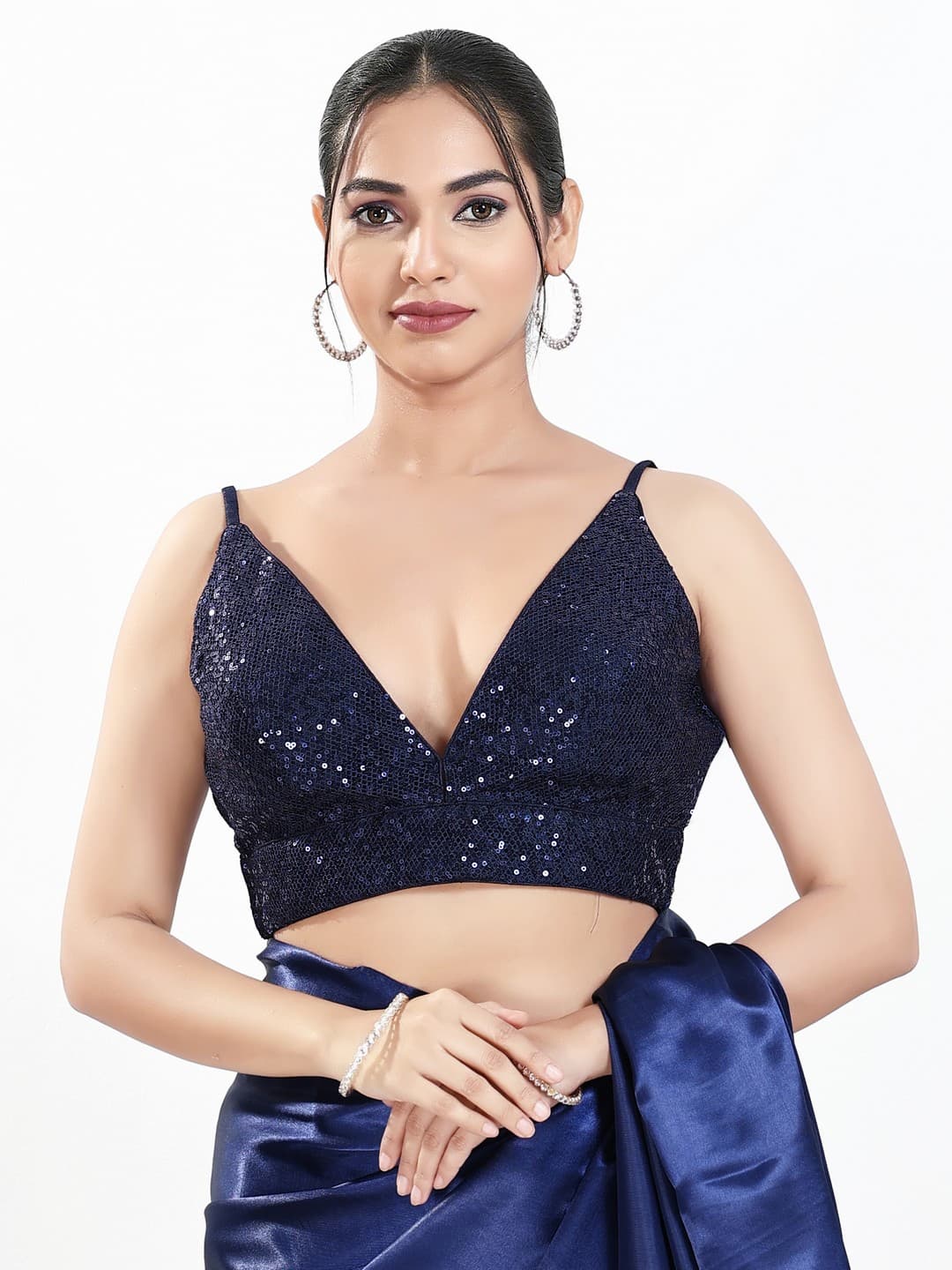 Women's Navy Festive Sequins Padded Saree Blouse