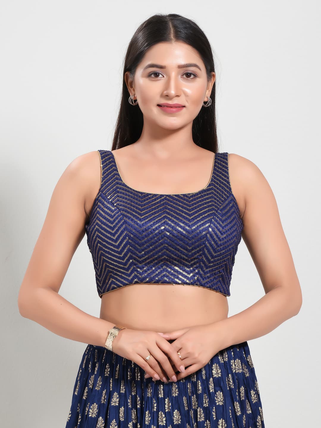 Women's Navy Festive Embroidered Padded Saree Blouse