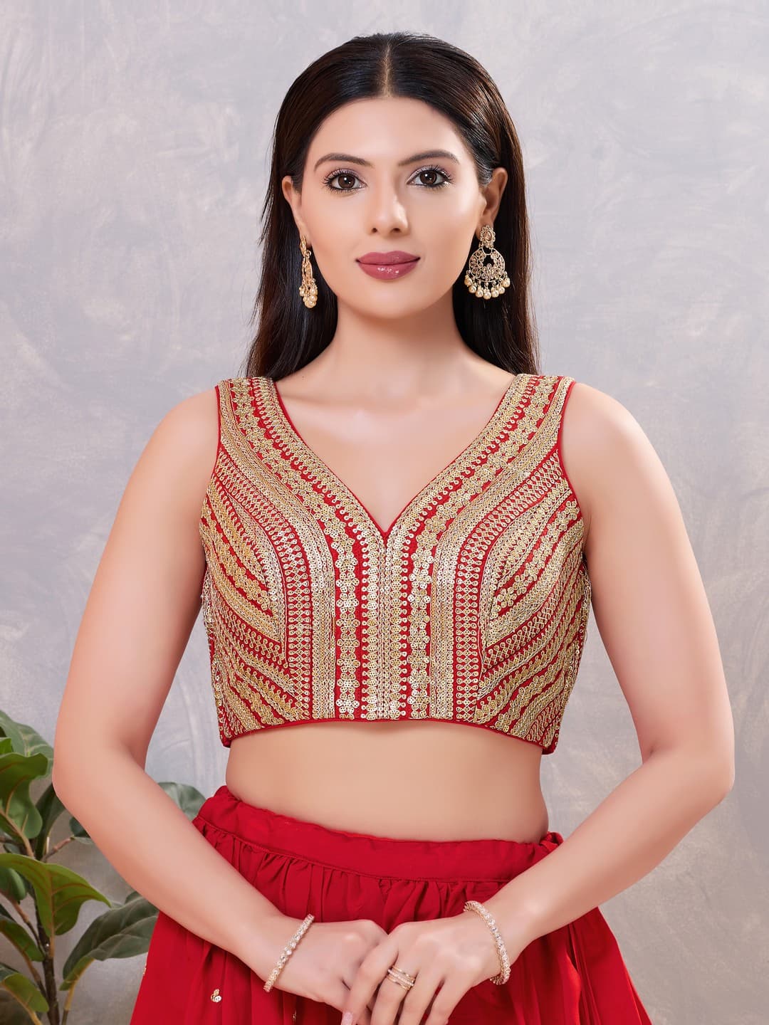 Women's Red Festive Sequins Padded Saree Blouse