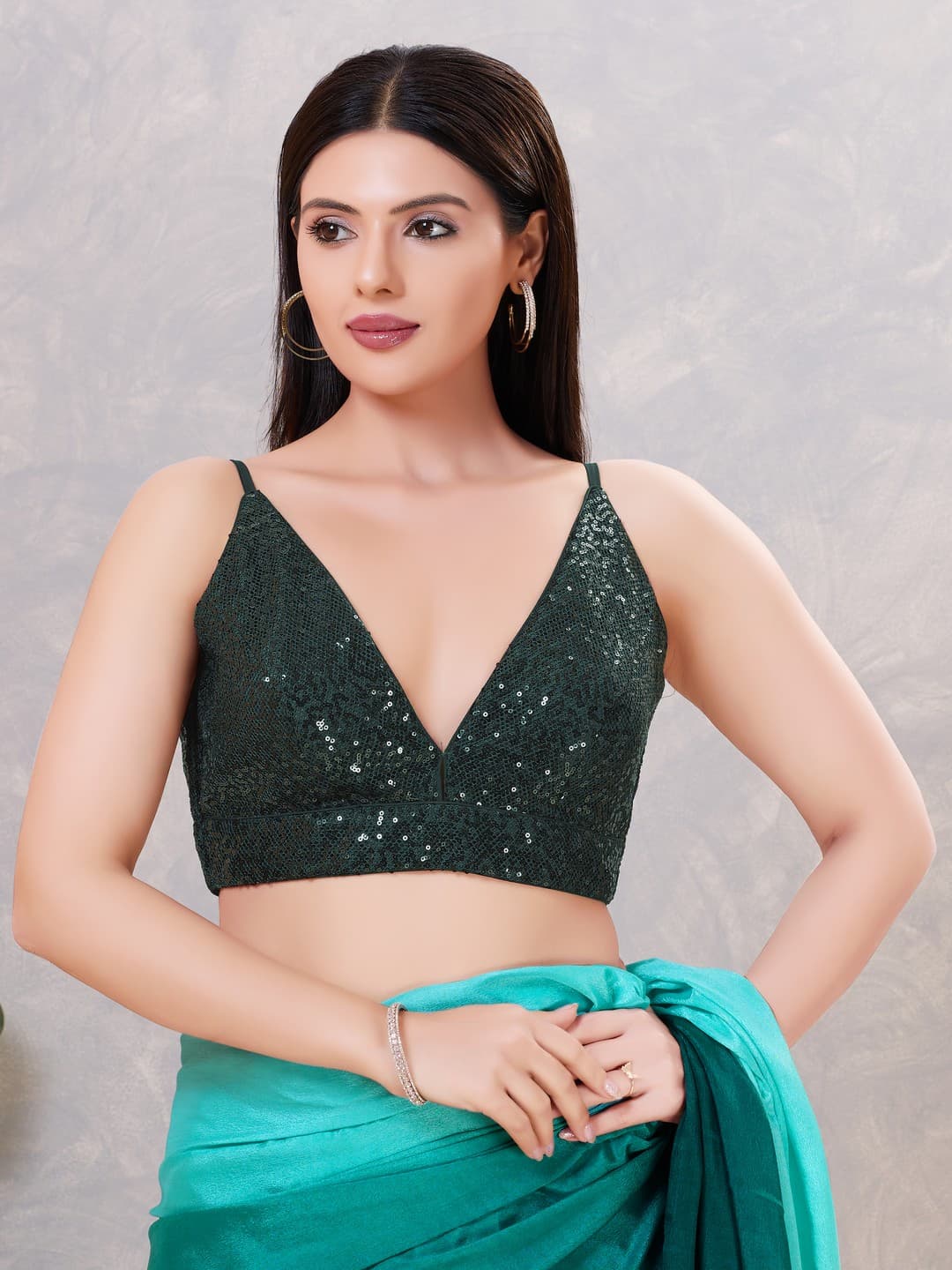 Women's Green Festive Sequins Padded Saree Blouse