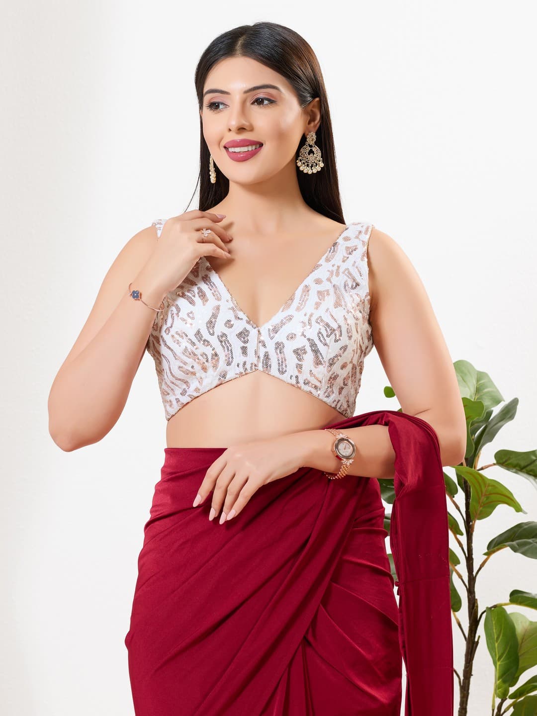 Women's White Festive Sequins Padded Saree Blouse