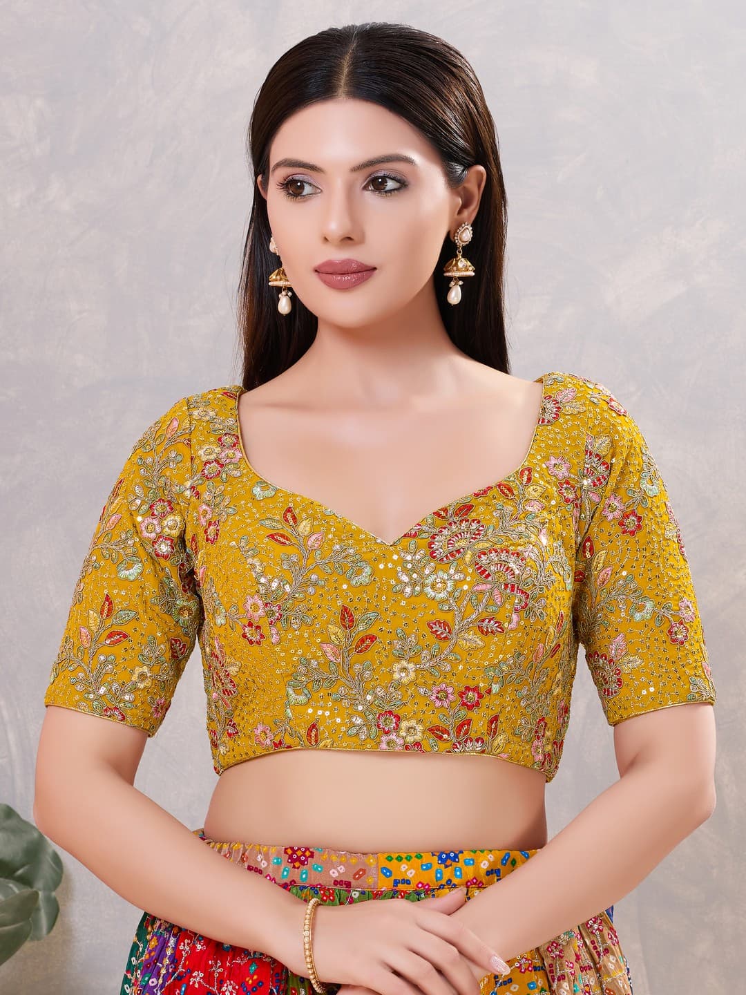 Women's Yellow Festive Thread Work Padded Saree Blouse