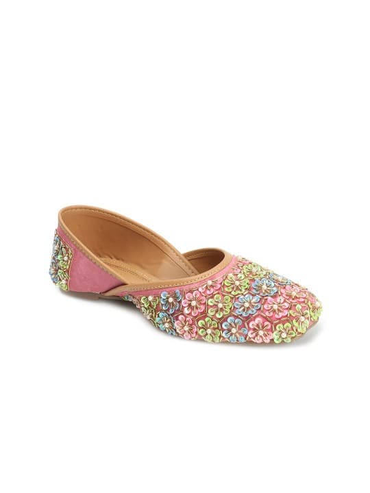 Women's Pink Artisanal Floral Sequin Embroidery Ethnic Juttis
