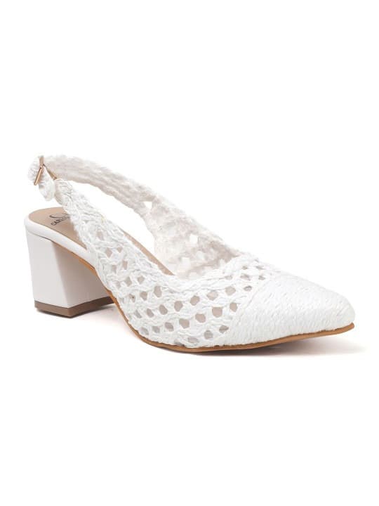 Women's White Woven Textured Slingback Pump Chunky Block Heels