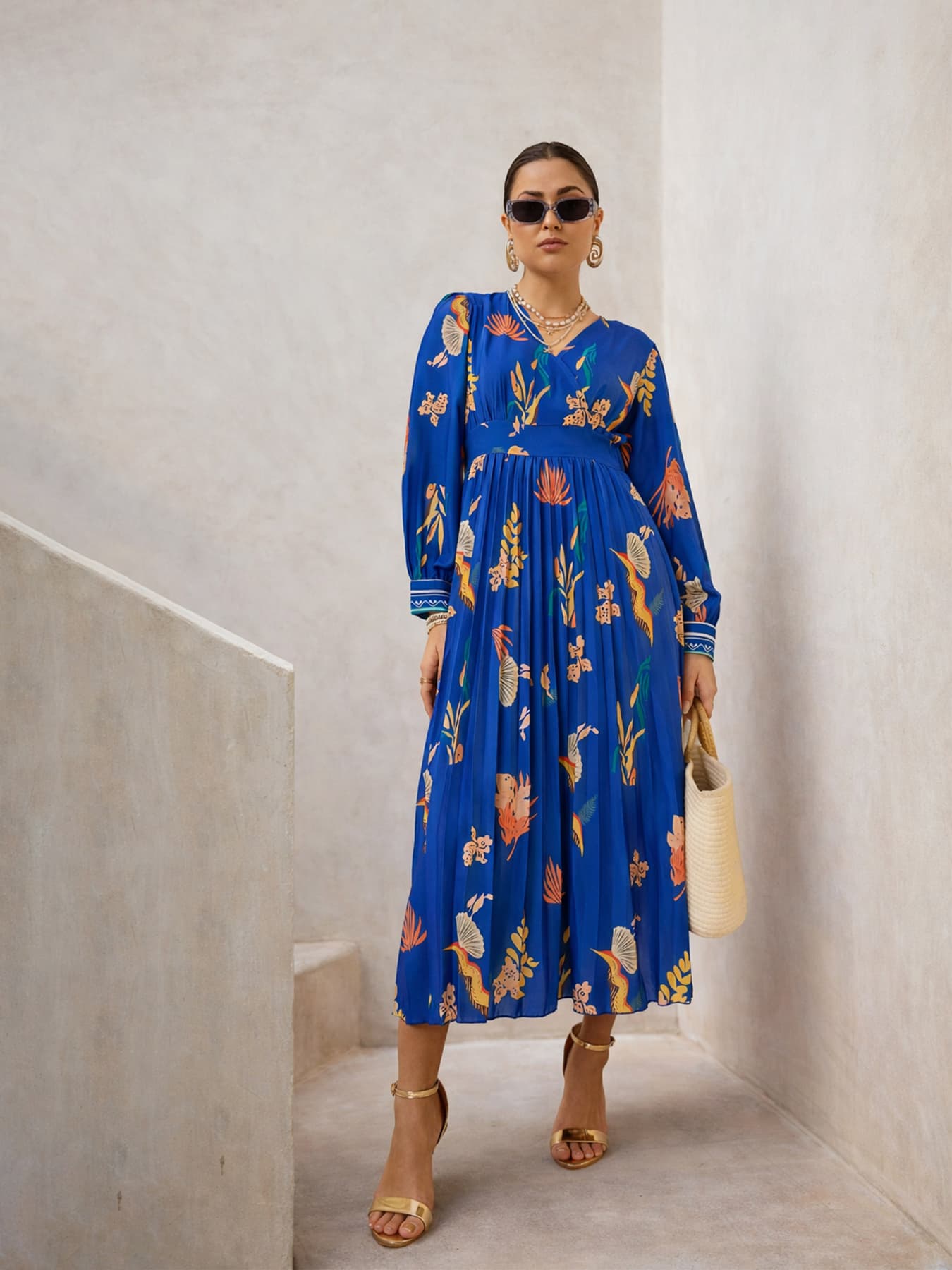 Women's Blue Casual Tropical V-Neck Dress