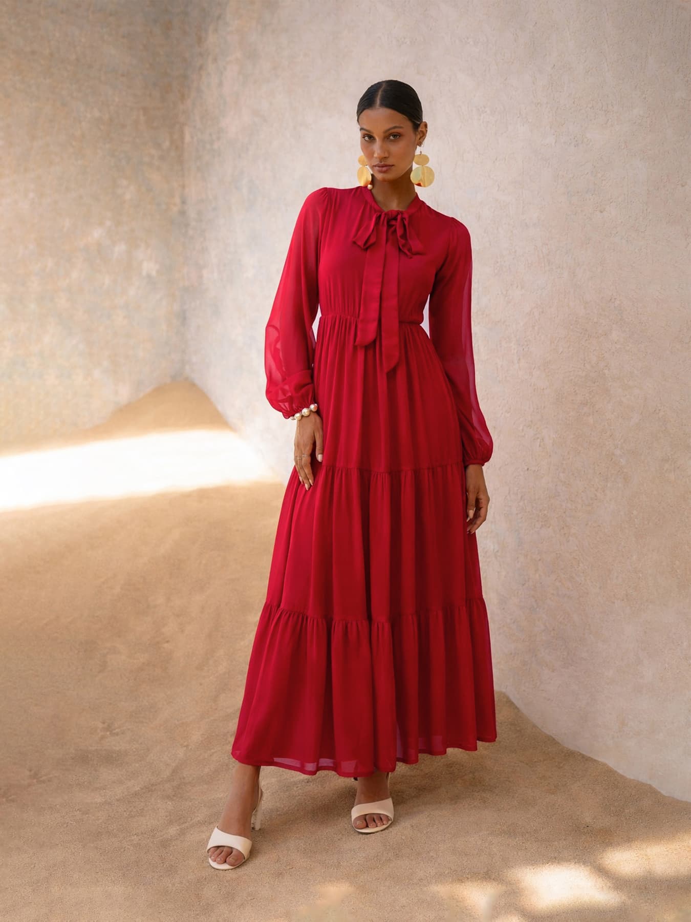 Women's Red Casual Solid Tie-Up Neck Dress