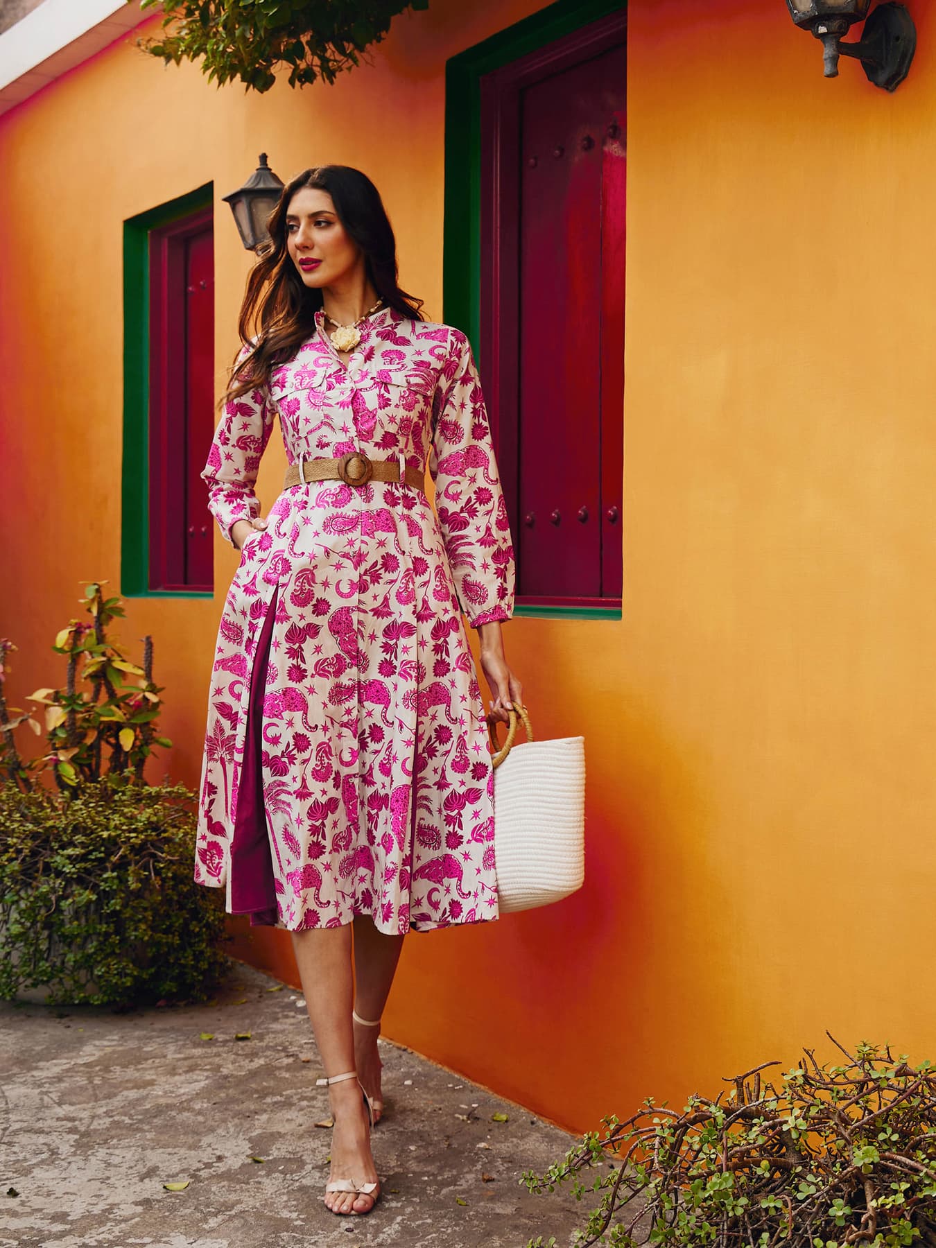 Women's Pink Casual Animal Print Mandarin Collar Dress