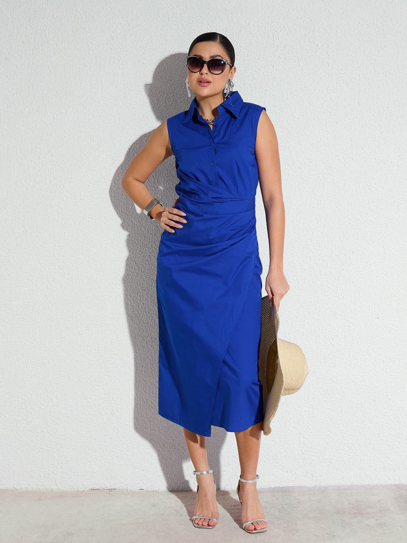 Women's Blue Casual Solid Spread Collar Dress