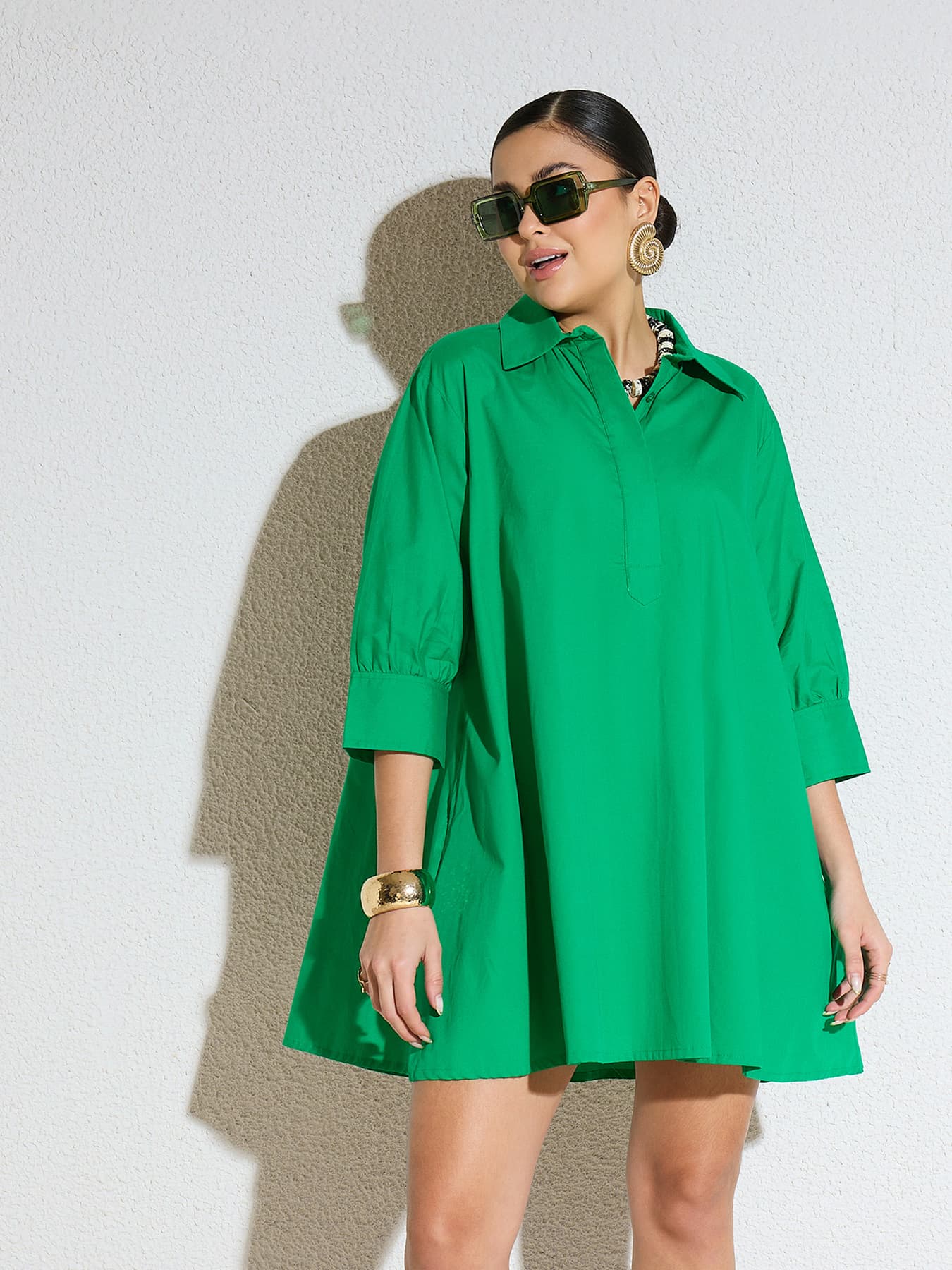 Women's Green Casual Solid Spread Collar Dress