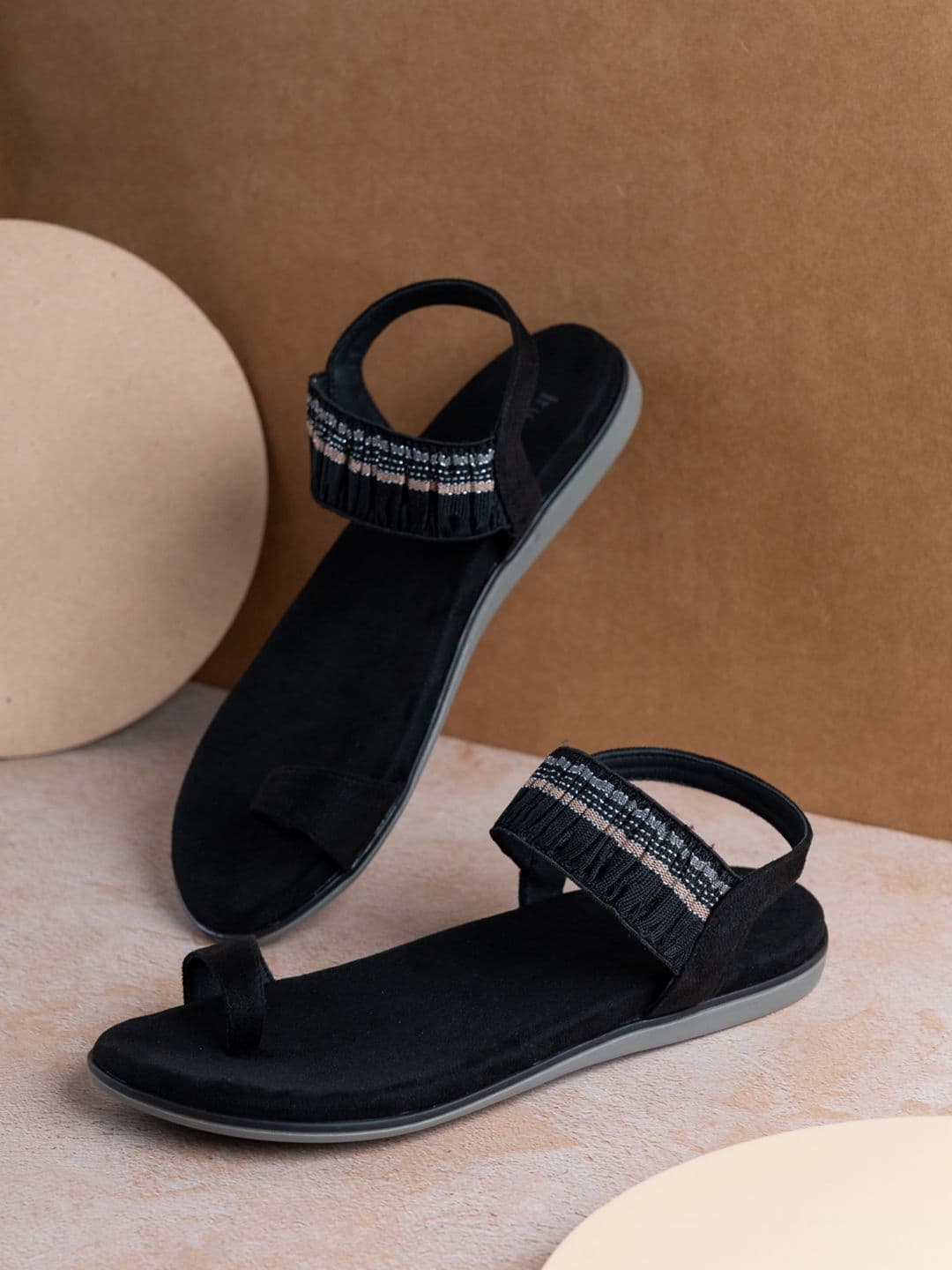 Women's Black Casual Synthetic Flat Slip-Ons Sandals