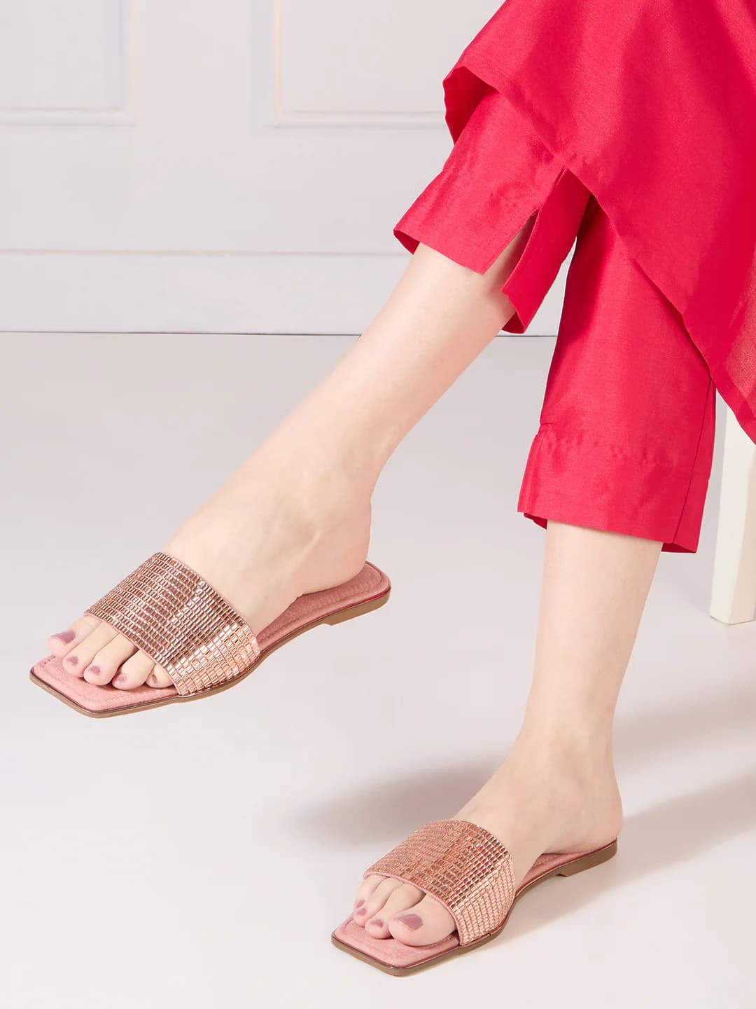 Women's Rose Gold Casual Synthetic Flat Slip-Ons Sandals