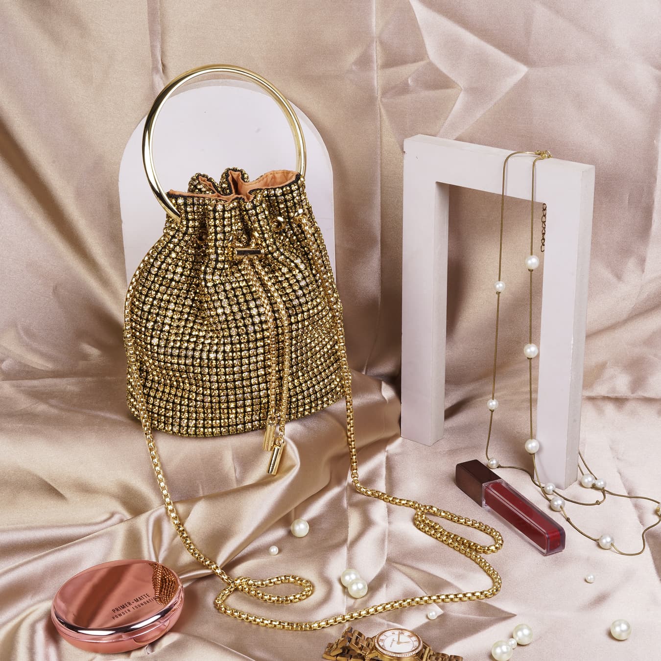 Women's Gold Casual Fabric Handbag