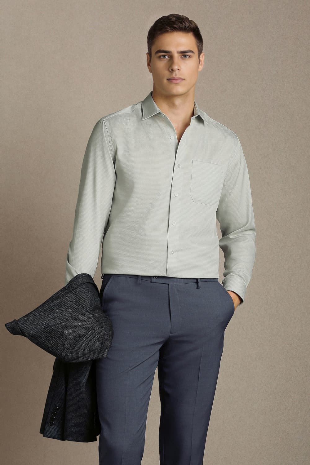 Men's Green Formal Regular Fit Textured Full Sleeves Shirt