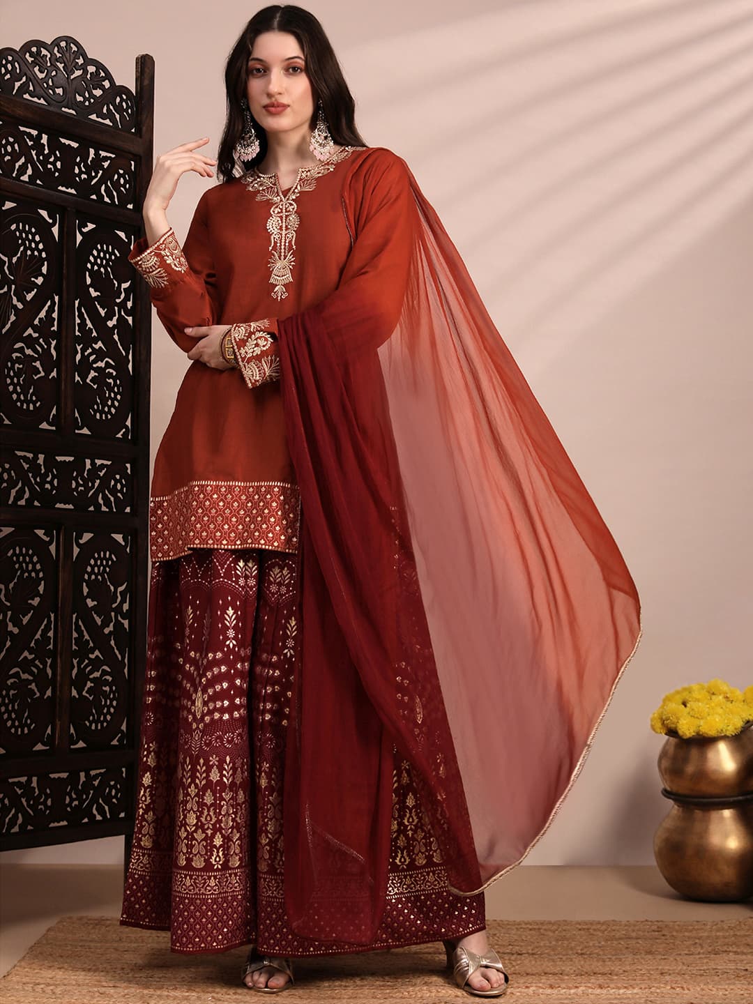 Women's Orange Casual Regular Fit Full Sleeves Kurta Set