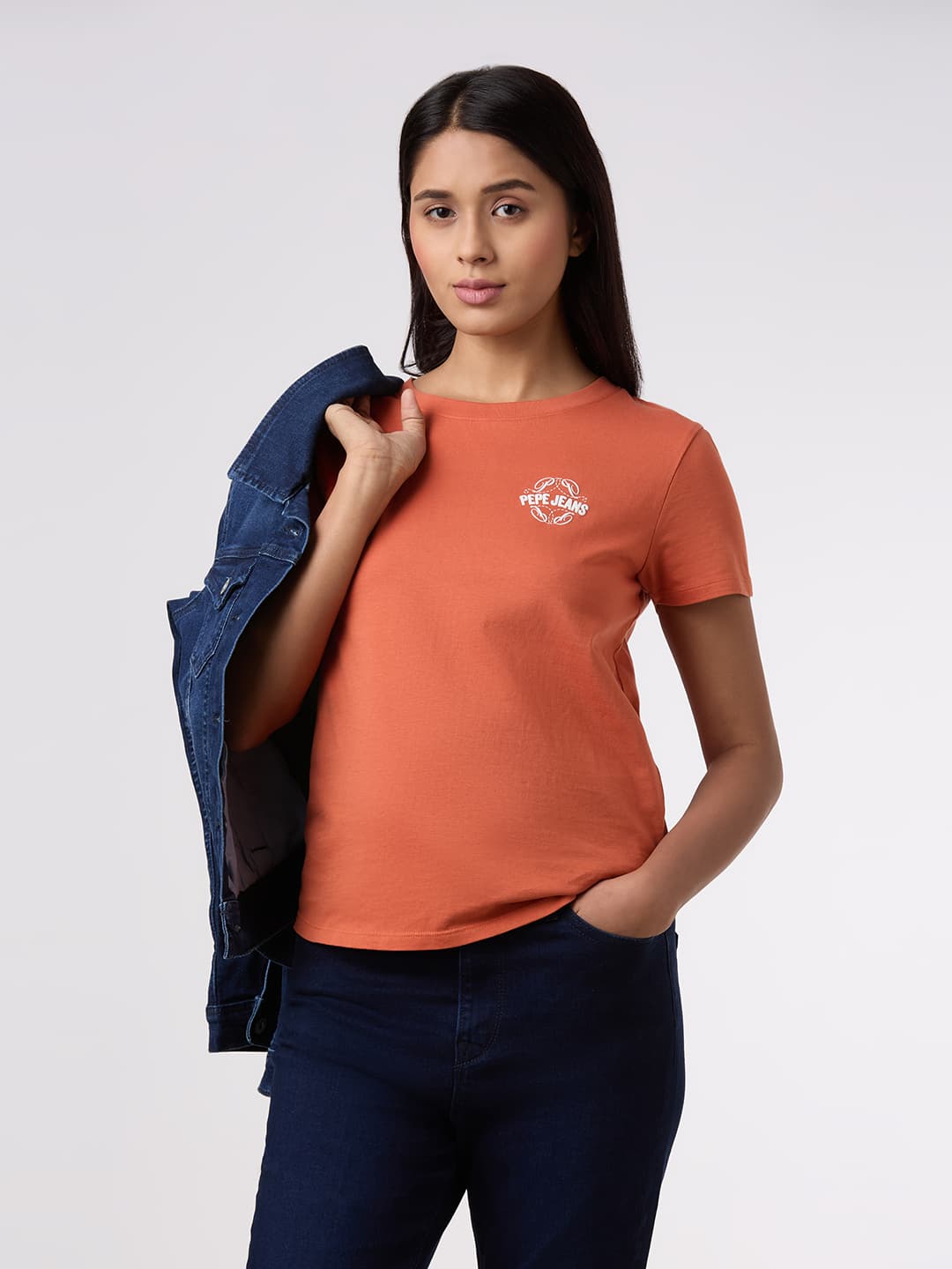 Women's Orange Casual Half Sleeves Tshirt