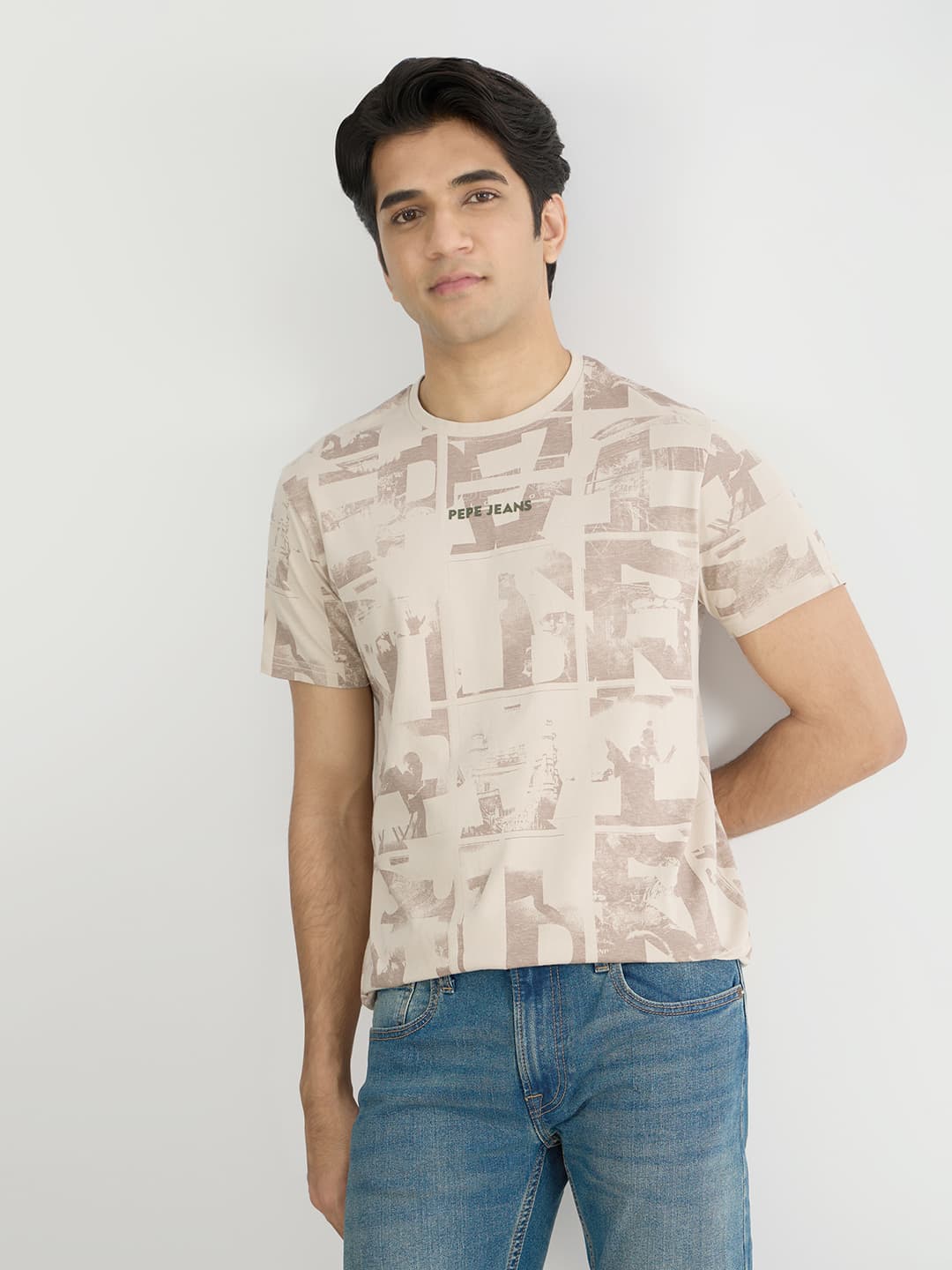 Men's Beige Casual Half Sleeves Tshirt