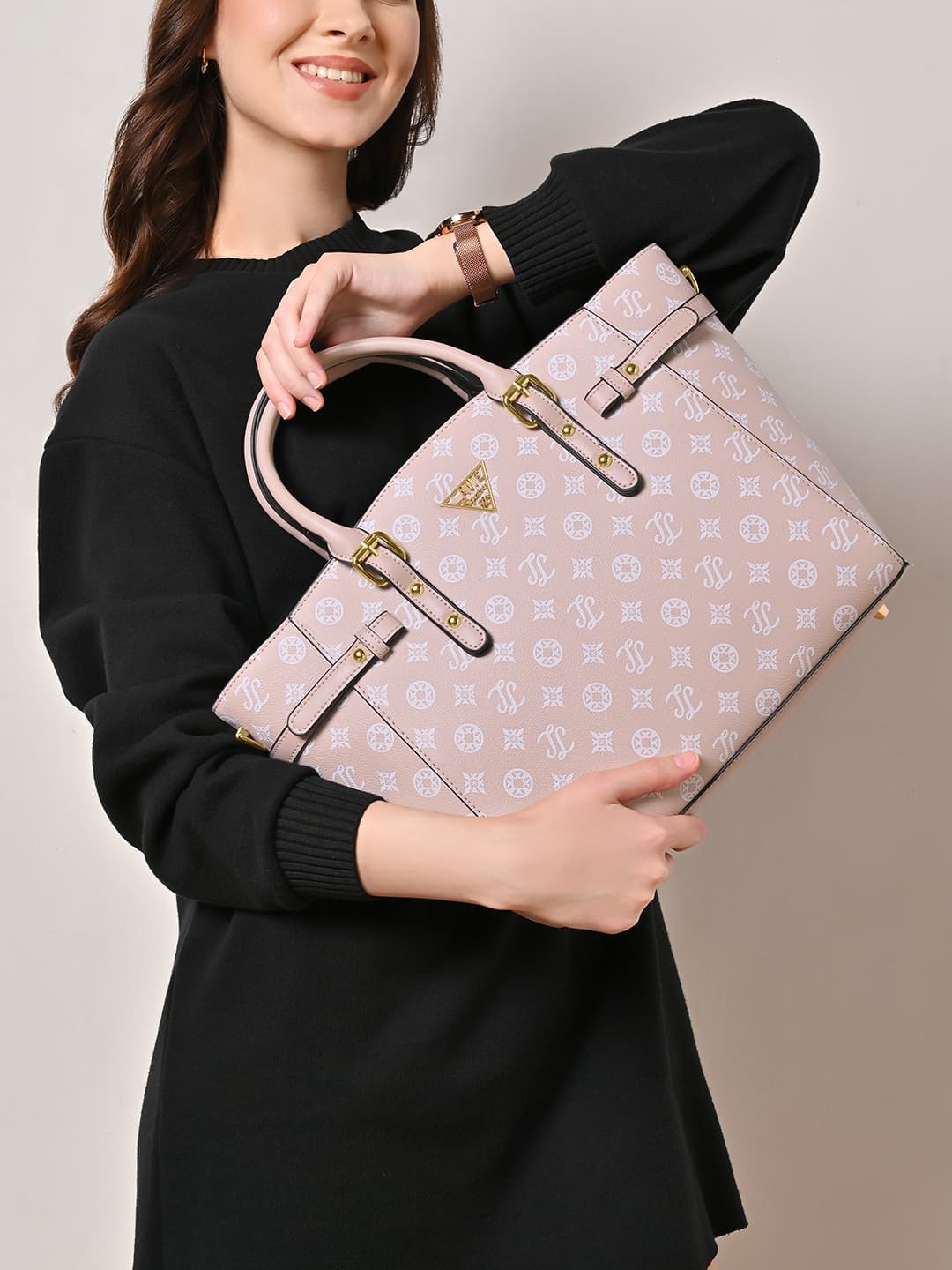 Women's Pink Casual Printed Synthetic Leather Tote Bag Handbag