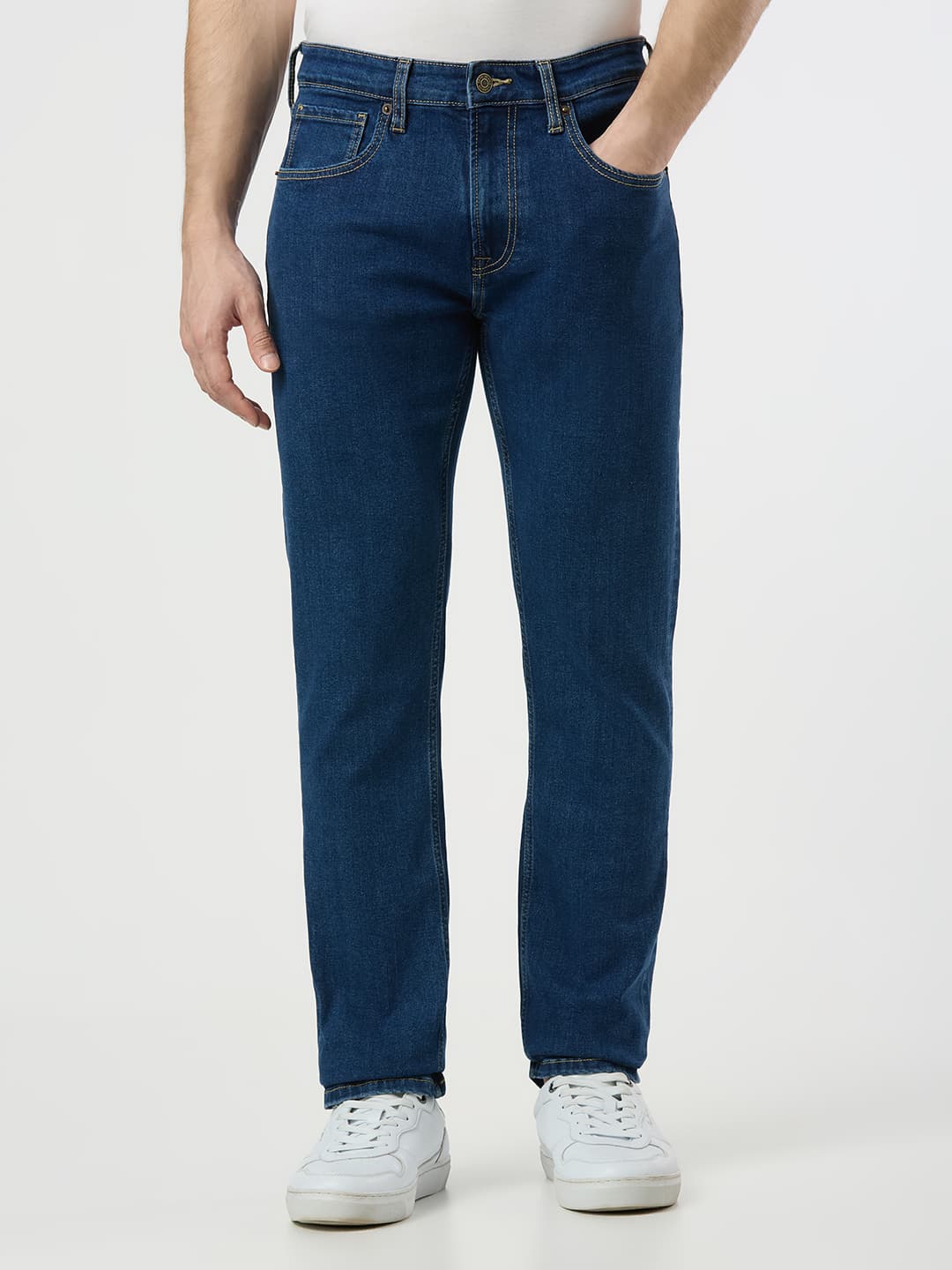 Men's Blue Mid Rise Straight Fit Textured Jeans