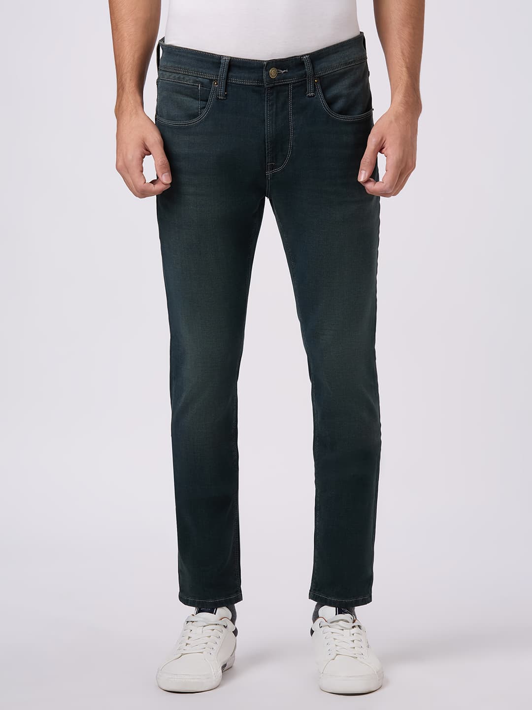Men's Green Mid Rise Slim Fit Textured Jeans